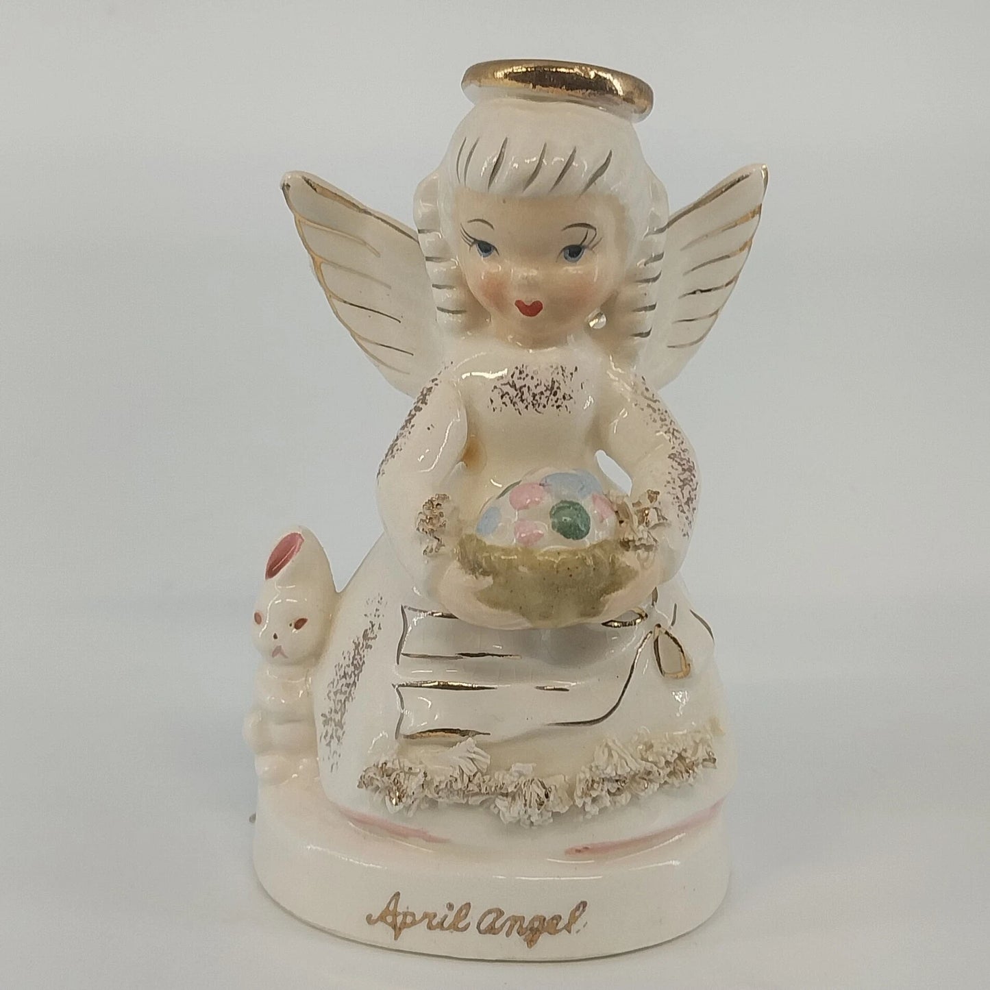 Napco April Angel A1364 Easter Bunny Egg Basket Figurine 4" Japan Vintage