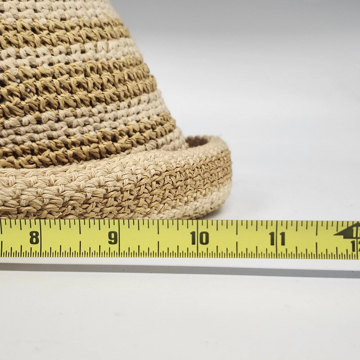 Women's Cloche Sun Hat Rolled Brim Cream Tan Striped Woven Paper Cotton OSFM