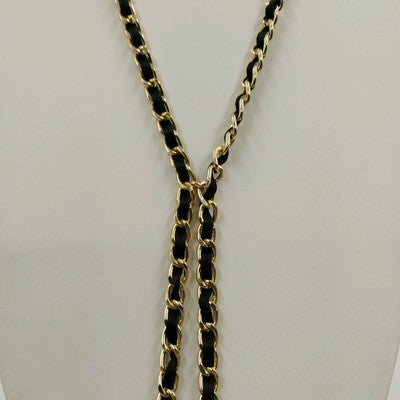 Gold Tone & Black Ribbon Chain w Black Faceted Beads Chain Tassels 48" Necklace