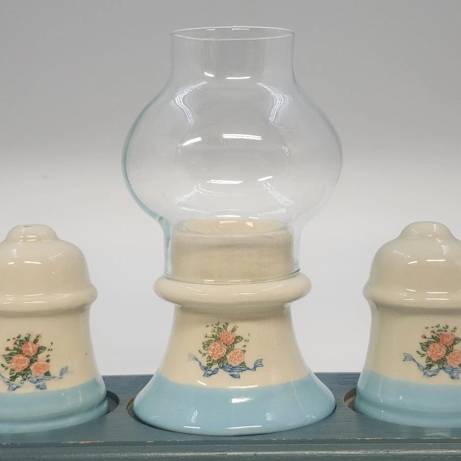 Floral Ceramic Salt Pepper Shakers Candle Holder Tray Set Cottage Taiwan Vintage