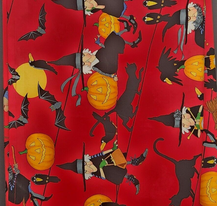 Red Black and Orange Halloween Themed Linen Tablecloth Vintage Witches Cats Bats