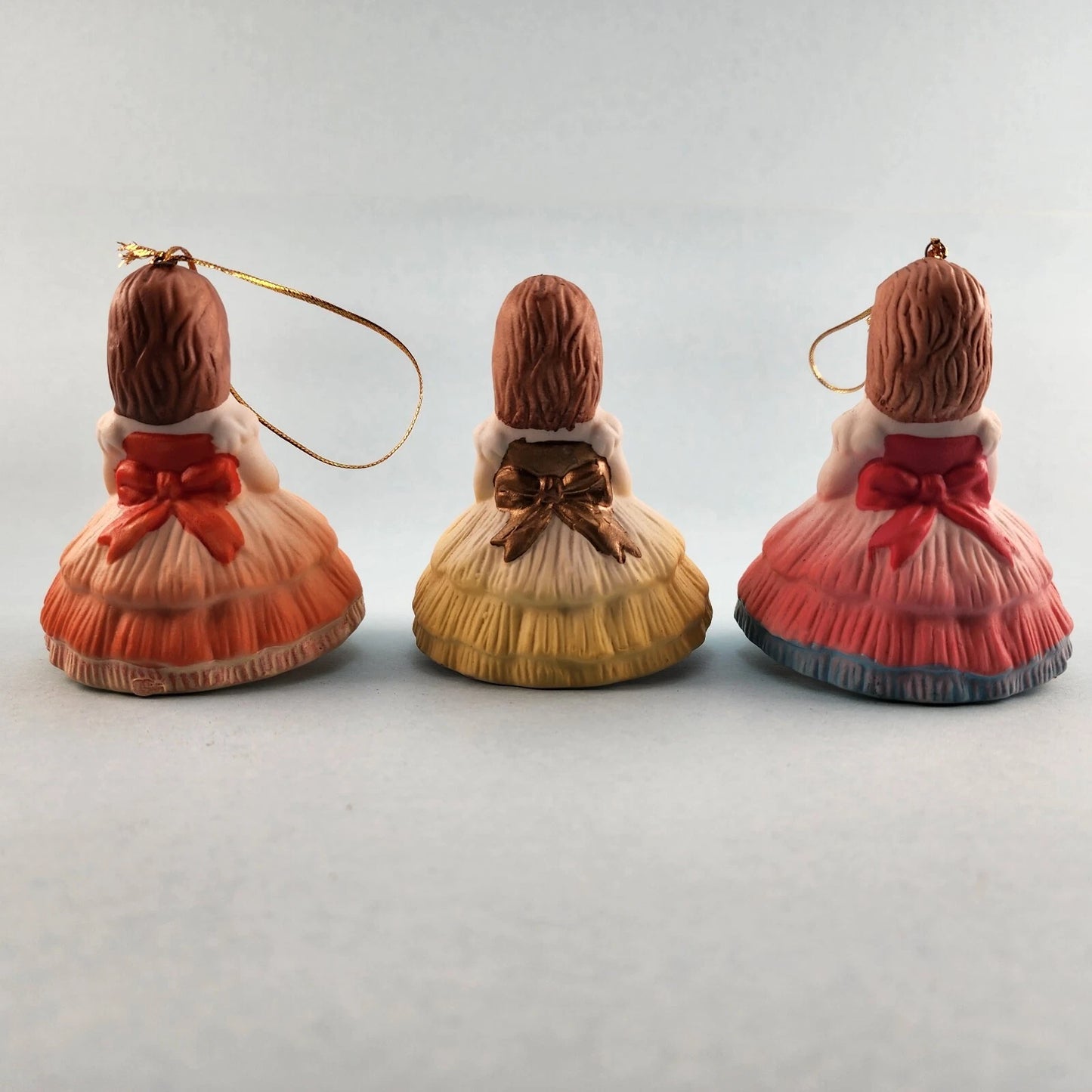 3 Young Girl Christmas Ornaments Porcelain Bell Hanging Leg Chimes w Box Vintage