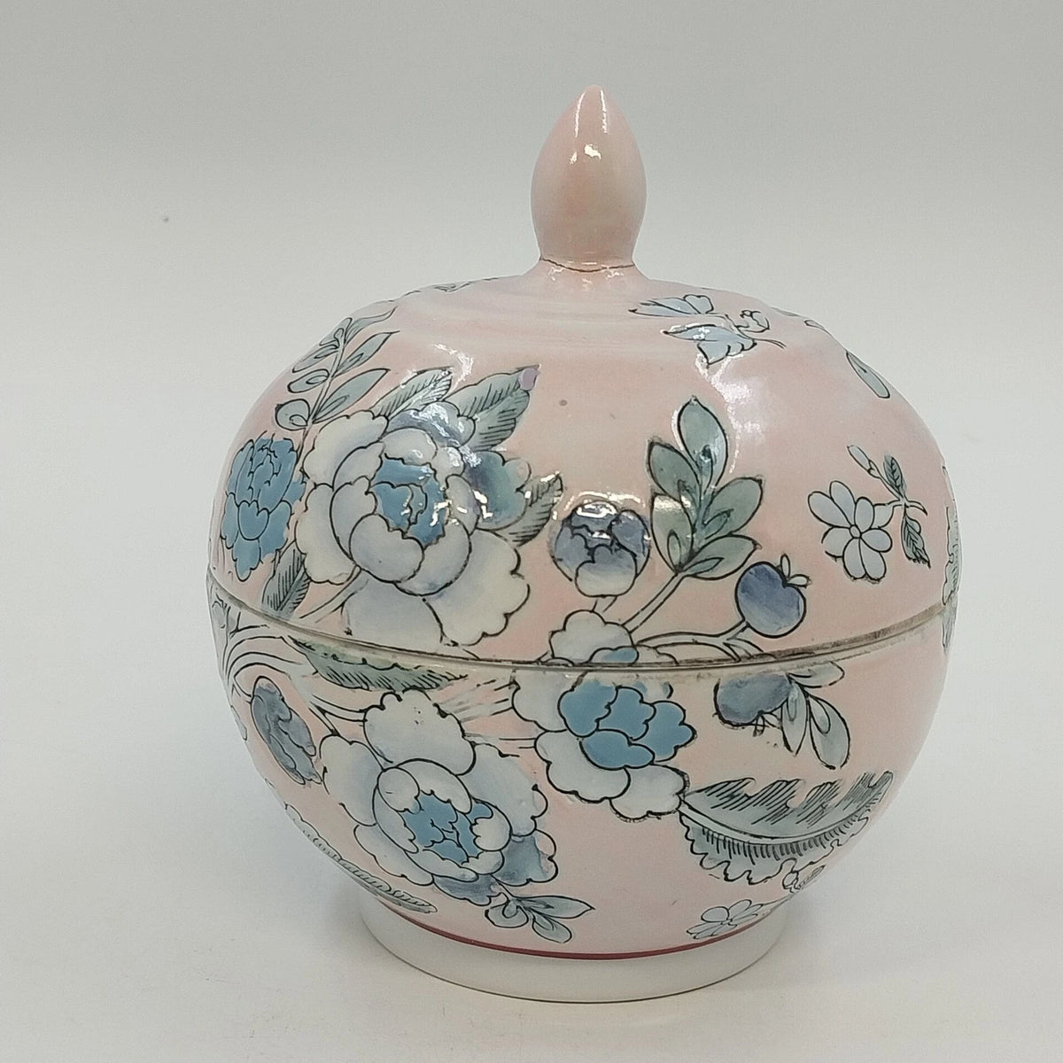 Chinese Hand Painted Porcelain Covered Bowl Pink Blue Floral Ginger Pot Jar Vtg