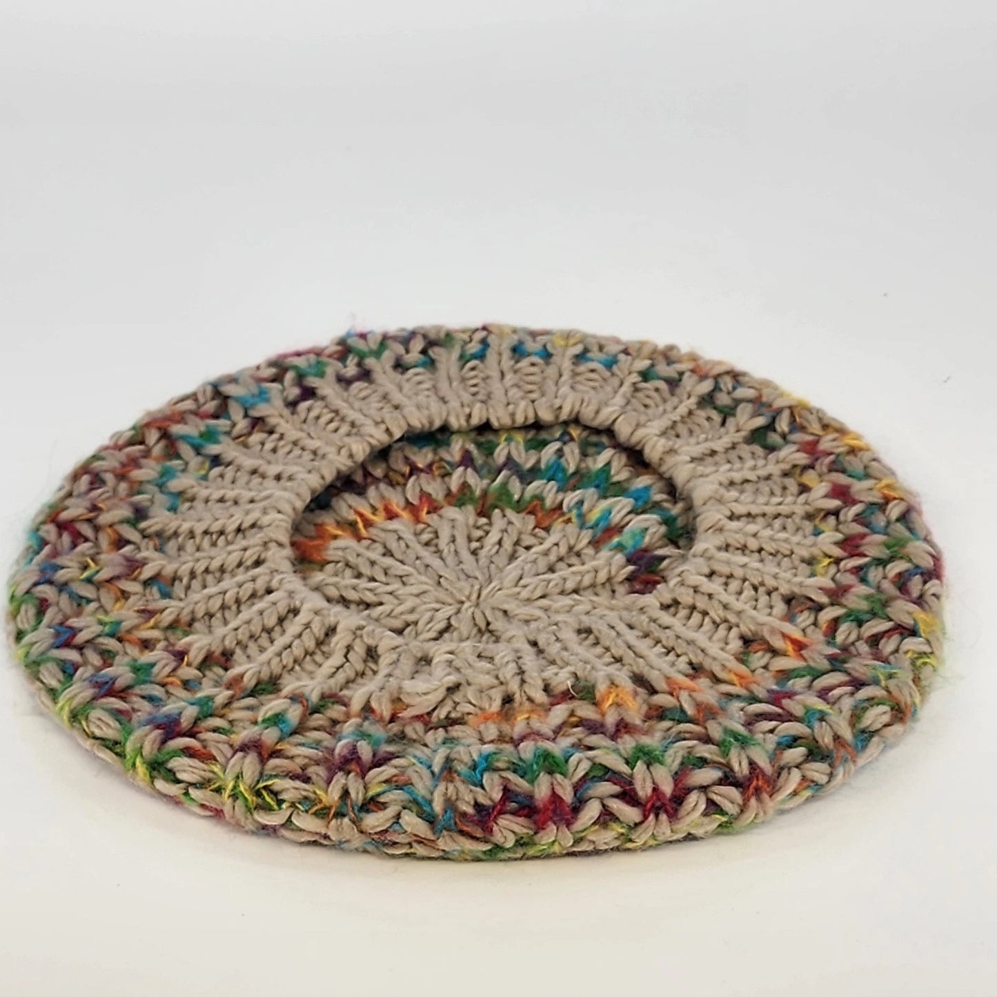 Hand Knitted Tan Beret Hat Rainbow Accent Slouchy Cap