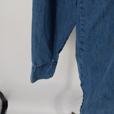 Earl Jean Chambray Tunic Blouse L Blue Cotton Lace-Up Grommet Ties Pockets