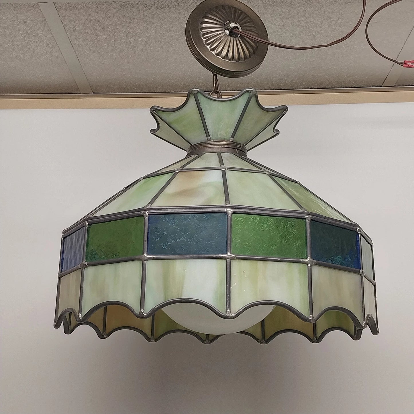 Tiffany Style Green Stained Glass Hanging Light Fixture 16 Inch