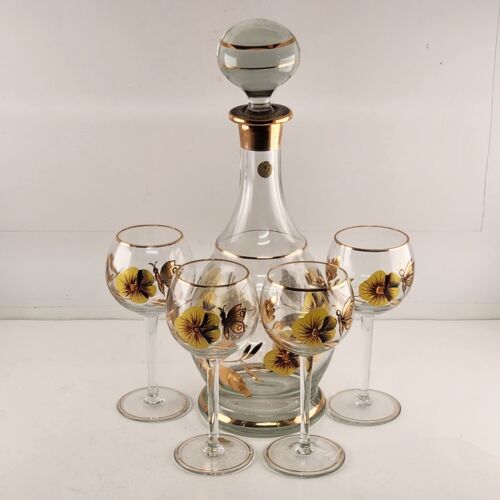 Romanian Wine Decanter Lid & 4 Stemmed Glasses Hand Painted Pansies Butterflies