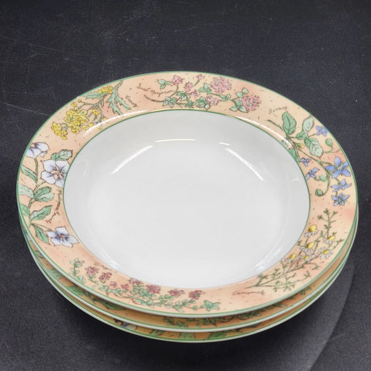 3 Sakura Ultra Porcelain Sachet Soup Bowl 9" Sue Zipkin Herbs Floral 1995 Vtg