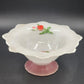 Indiana Glass White Console Flared Footed Bowl w Red Flashed Tulips Ruffled Edge