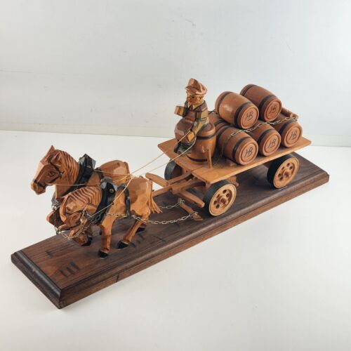 Hand Carved Wood 2 Horse Drawn Wagon Carrying Hofbräuhaus Kegs Germany 18" Vtg