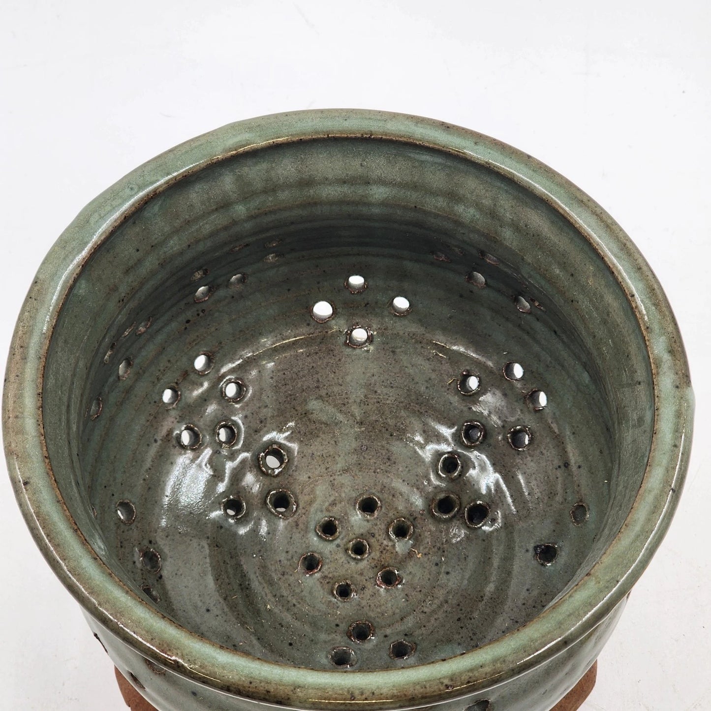 Handmade Pottery Berry Colander Strainer Green Studio Artisan Signed 7"