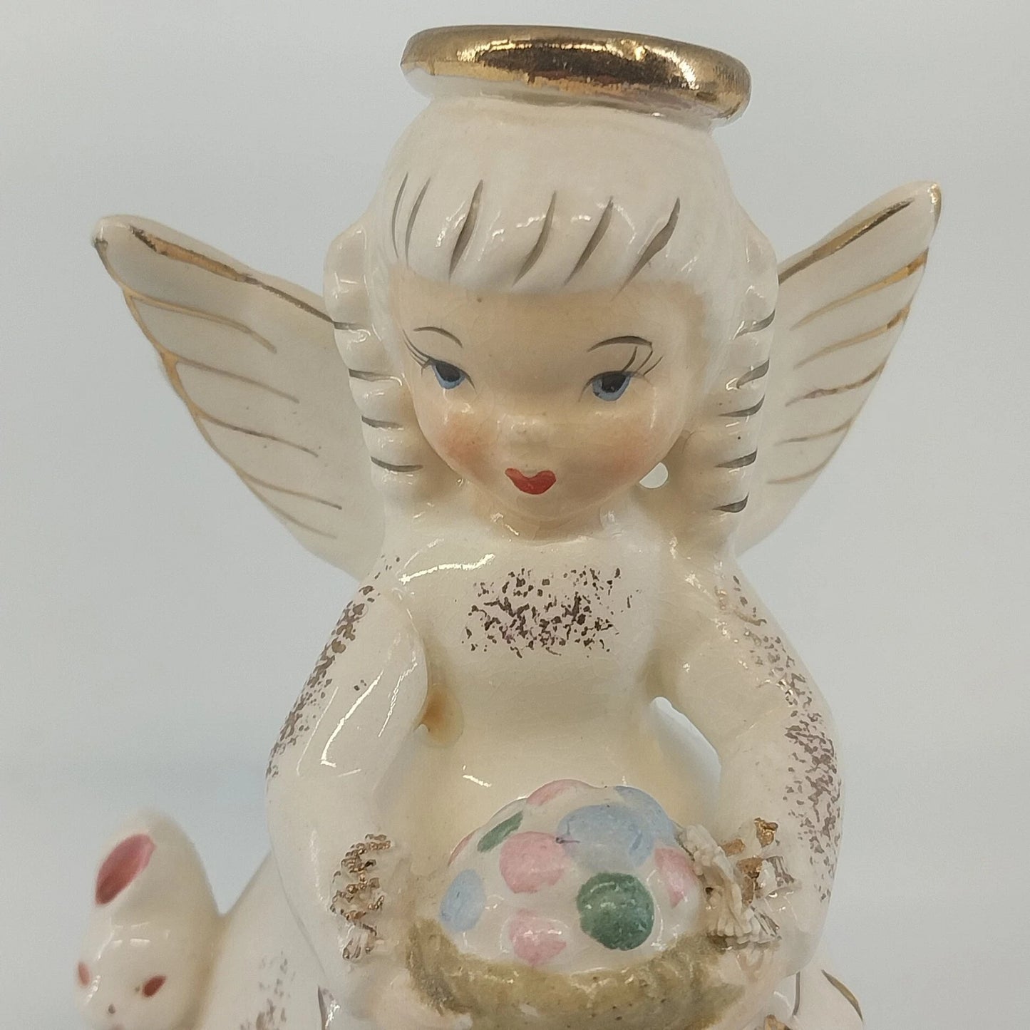 Napco April Angel A1364 Easter Bunny Egg Basket Figurine 4" Japan Vintage