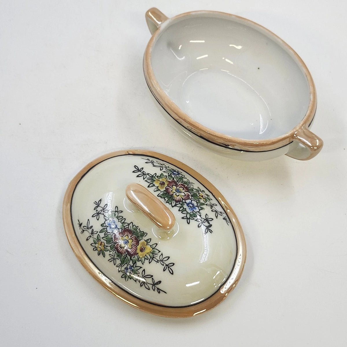 Japan Porcelain Covered Vegetable Bowl Hand Painted Floral Orange Luster 5.25"