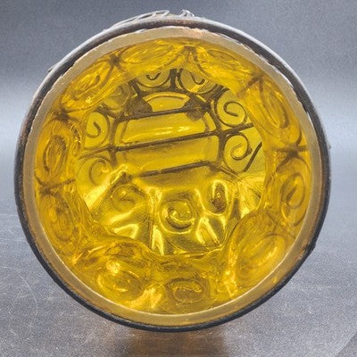 Vintage Amber Glass Caged Centerpiece – 13.5" Hand-Blown Vase or Candle Holder with Metal Footed Base – Rustic Farmhouse Décor