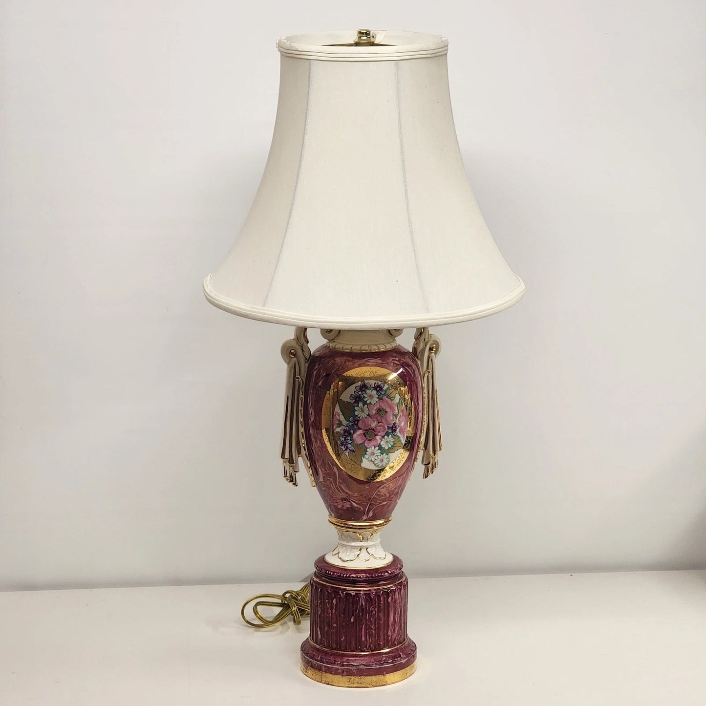 Italian Porcelain Table Lamp Urn on Pedestal Style White Bell Shaped Shade Vtg