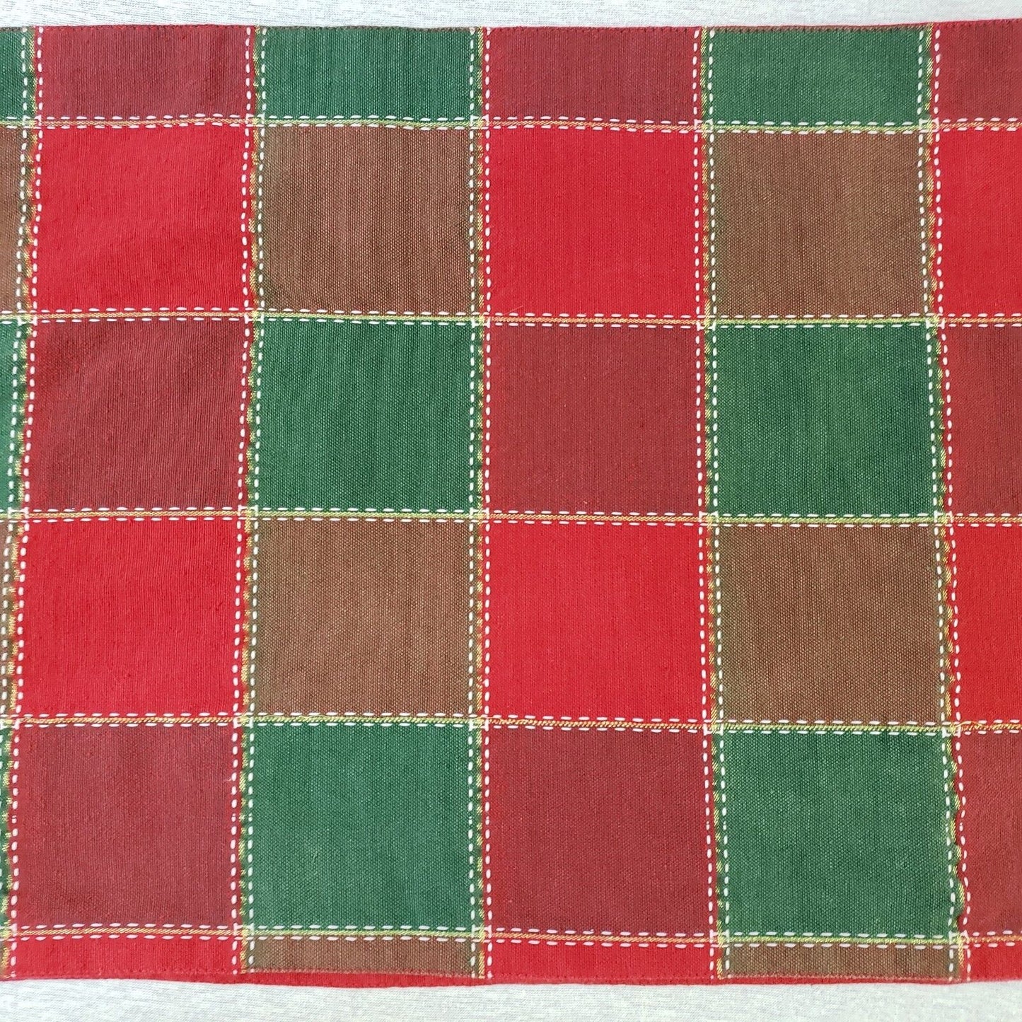 Sam Hedaya Red Green Plaid Table Runner 13x72 Gold Stitch