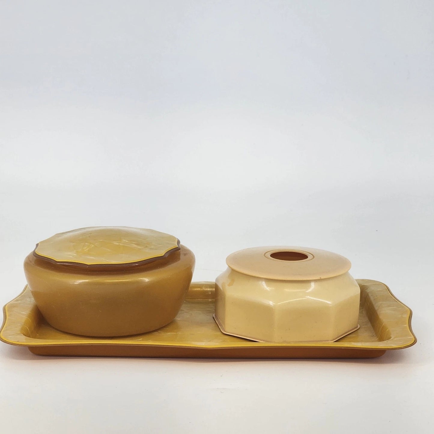 Pyrolene Celluloid 3pc Vanity Set Amber Pearl Marbled Tray & Trinket Boxes 1920s