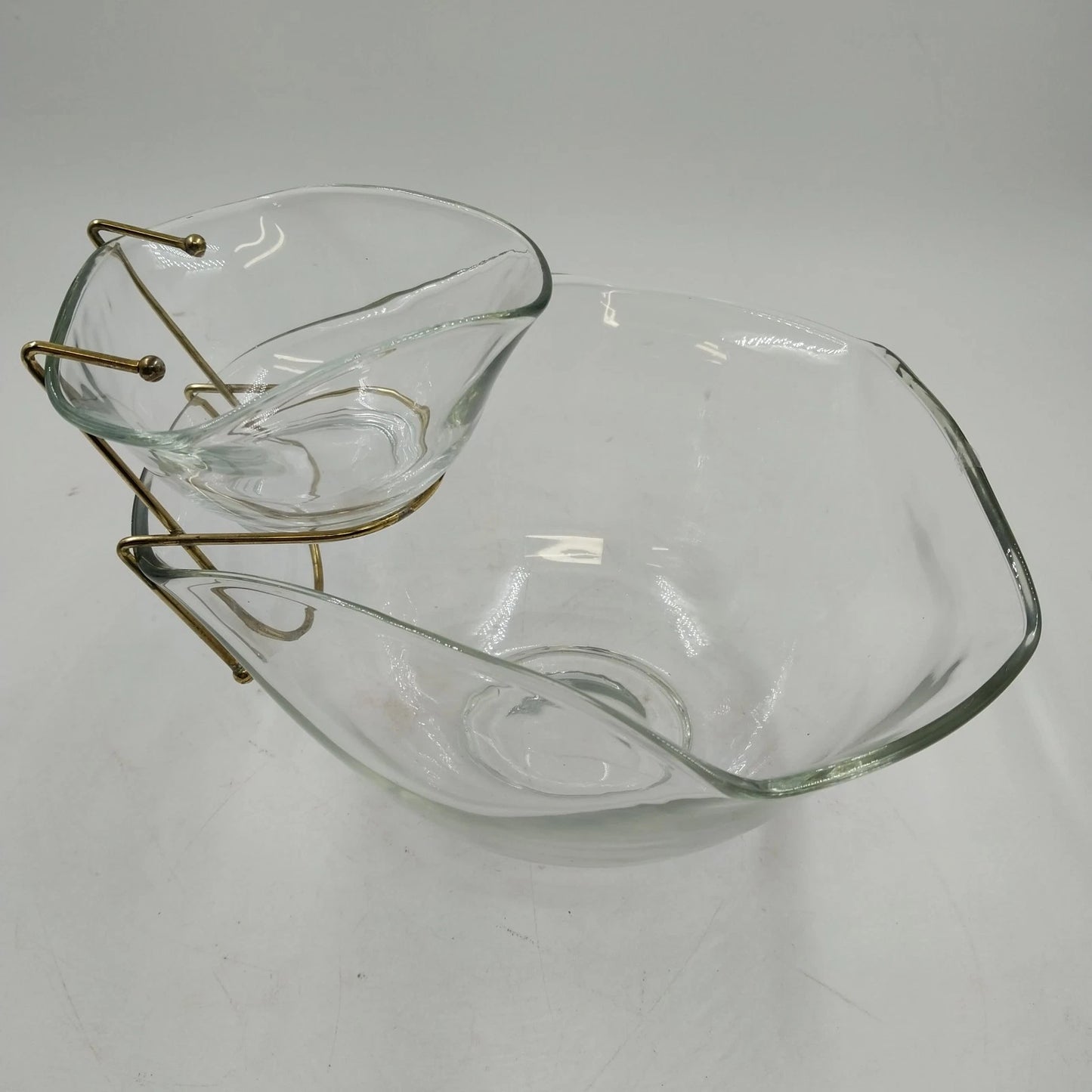 Tri-Top Chip Dip Serving Bowl Set Clear Glass Metal Bracket Indiana Glass Modern