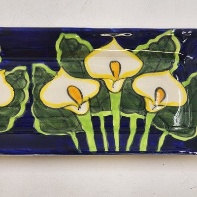 Hand Painted Bread Server Plate 16" Talavera Calla Lilies Mexico Signed Mexico Q