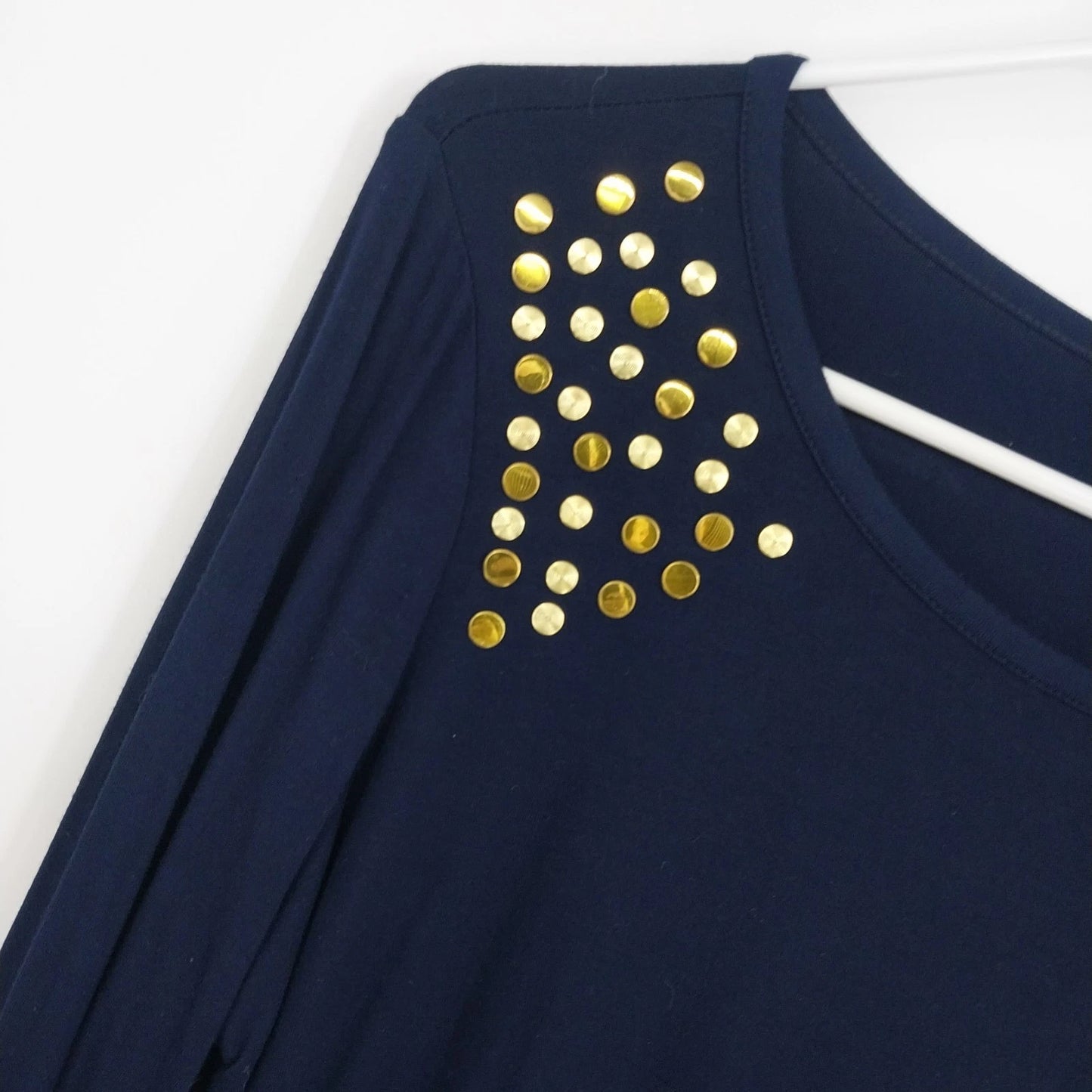Premise Navy Long Sleeve Top Gold-Tone Stud Shoulder Women's L Vietnam
