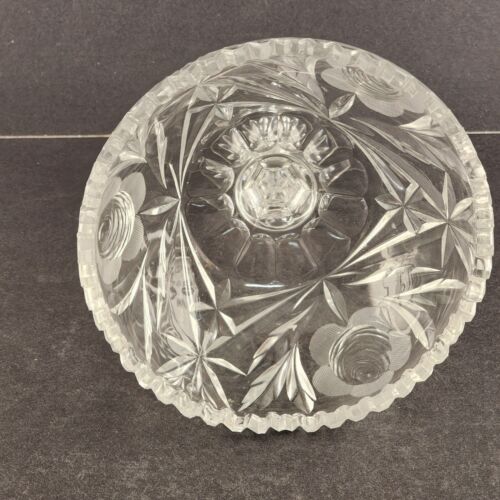 Crystal Cut Glass Pedestal Compote Rose Pattern Scalloped 6 Side Base 6.5" EUC