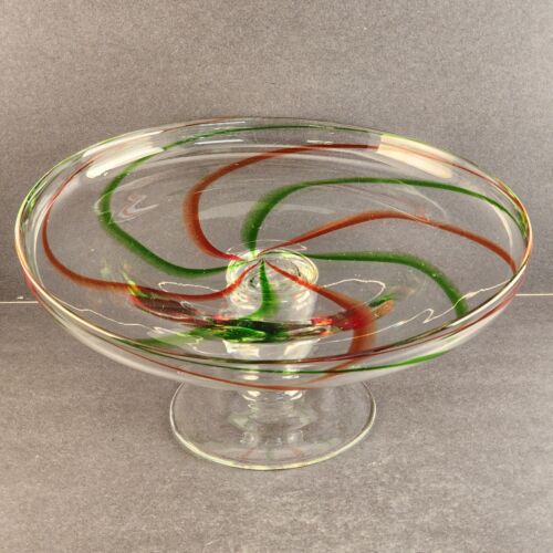 Hand Blown Clear Art Glass Pedestal Cake Plate Red Green Swirls 12.5" d x 5.5" h