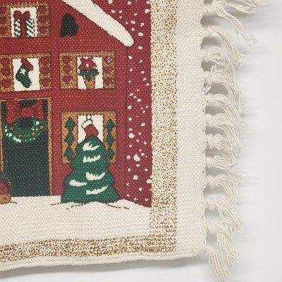 Wall Hanging Area Rug Christmas Pattern Fabric Panel Fringed Heavy Cloth 36"x20"