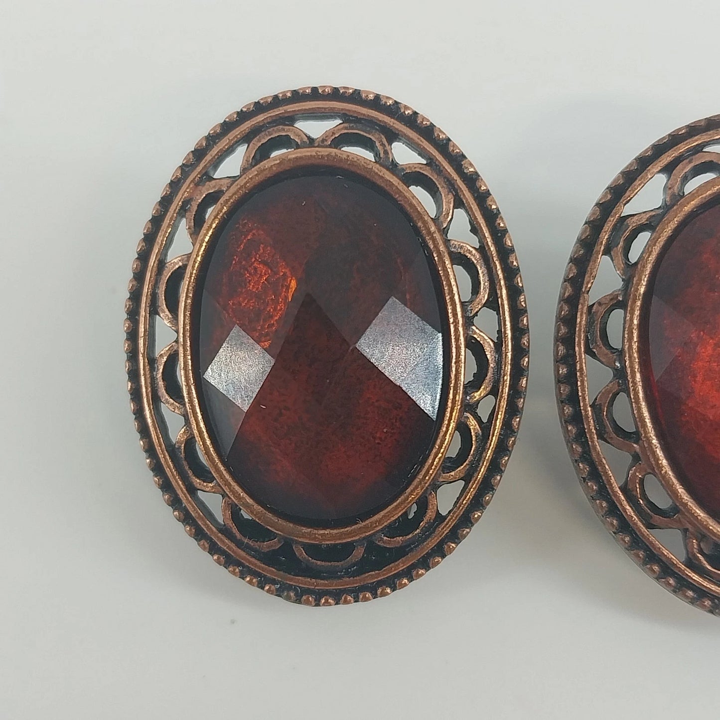 Vintage Root Beer Rhinestone Clip On Earrings Bronze Filigree