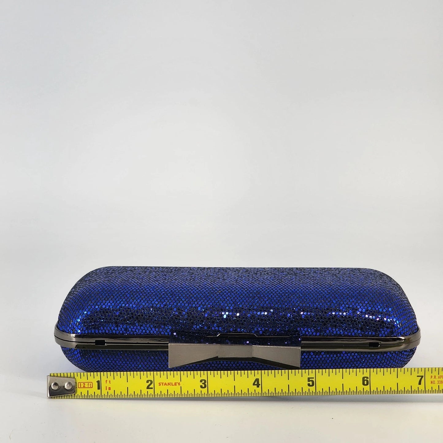 Blue Sparkle Bow Hard Shell Clutch Crossbody Purse Gunmetal Chain Strap 7"