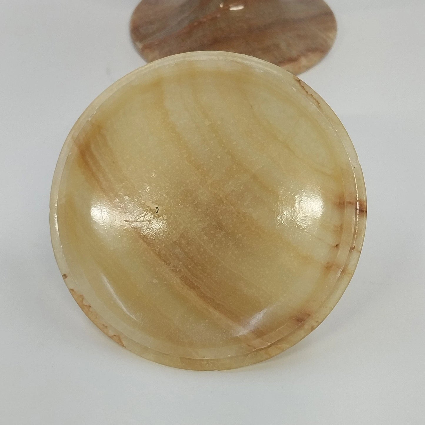 Banded Alabaster Pedestal Candy Dish Lidded Jar Cream Brown Natural Stone 9"