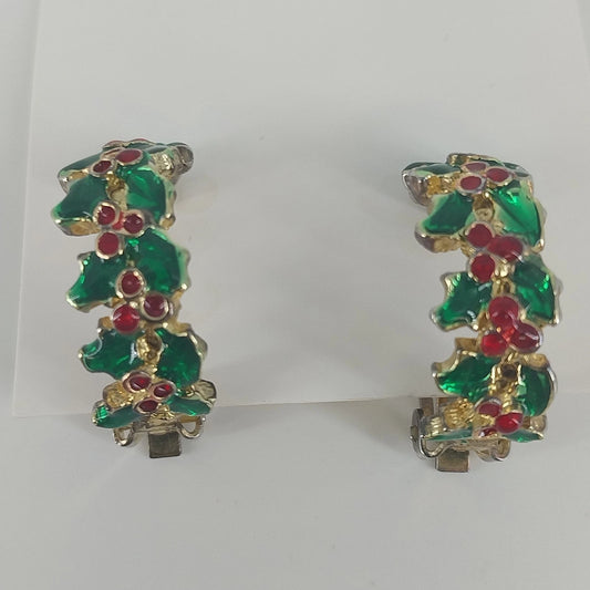 Avon Christmas Holly Berry Clip On Earrings Gold Tone Red Green Jewelry Vintage