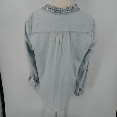 NY Collections Faded Blue Long Sleeve Button Front Shirt Blouse XL