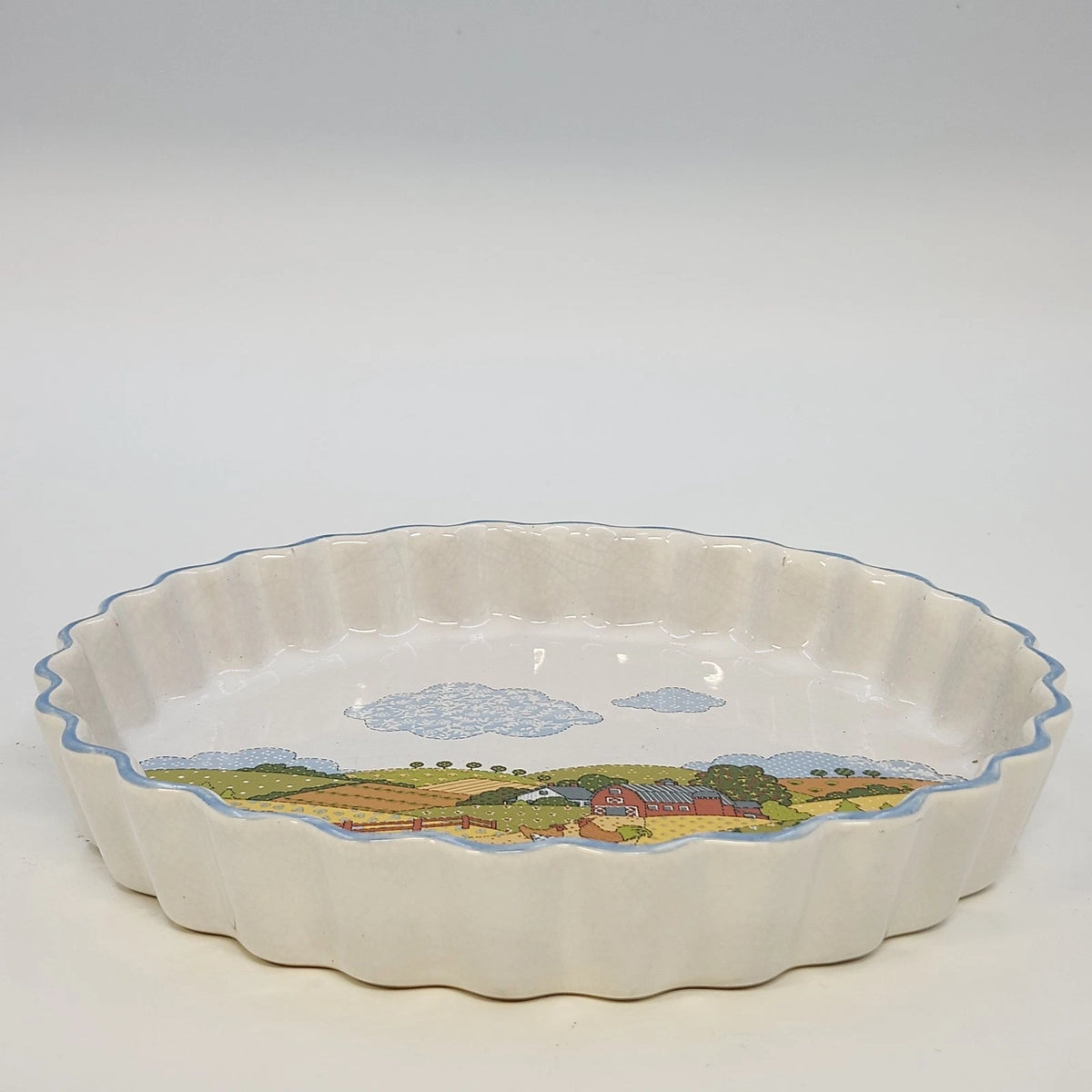 Potpourri Press Quiche Tart Dish Farm Scene Chickens Barn Blue Rim 9.25" Japan