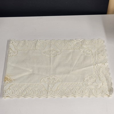 Set of 2 White Rectangle Lace Table Runners w Floral Doilies Scalloped Edge 33.5"