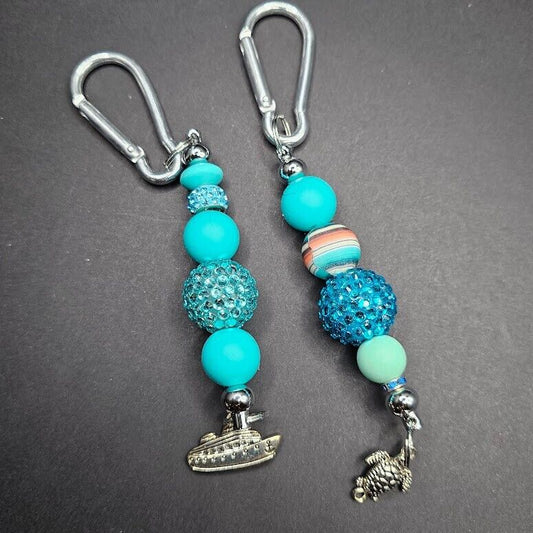 2 Key Ring Bag Charm Blue Nautical Cruise Beaded D Ring Handmade Gift Clip Gift