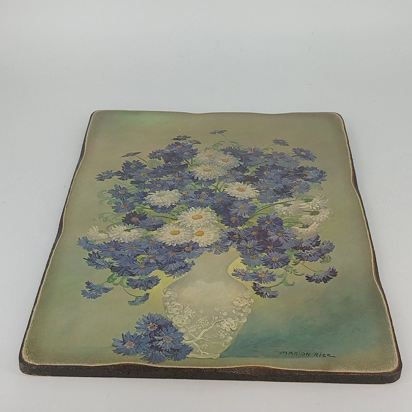 Marion Rice Floral White Vase Wood Mounted Wall Plaque 14" x 11" Vintage Vintage