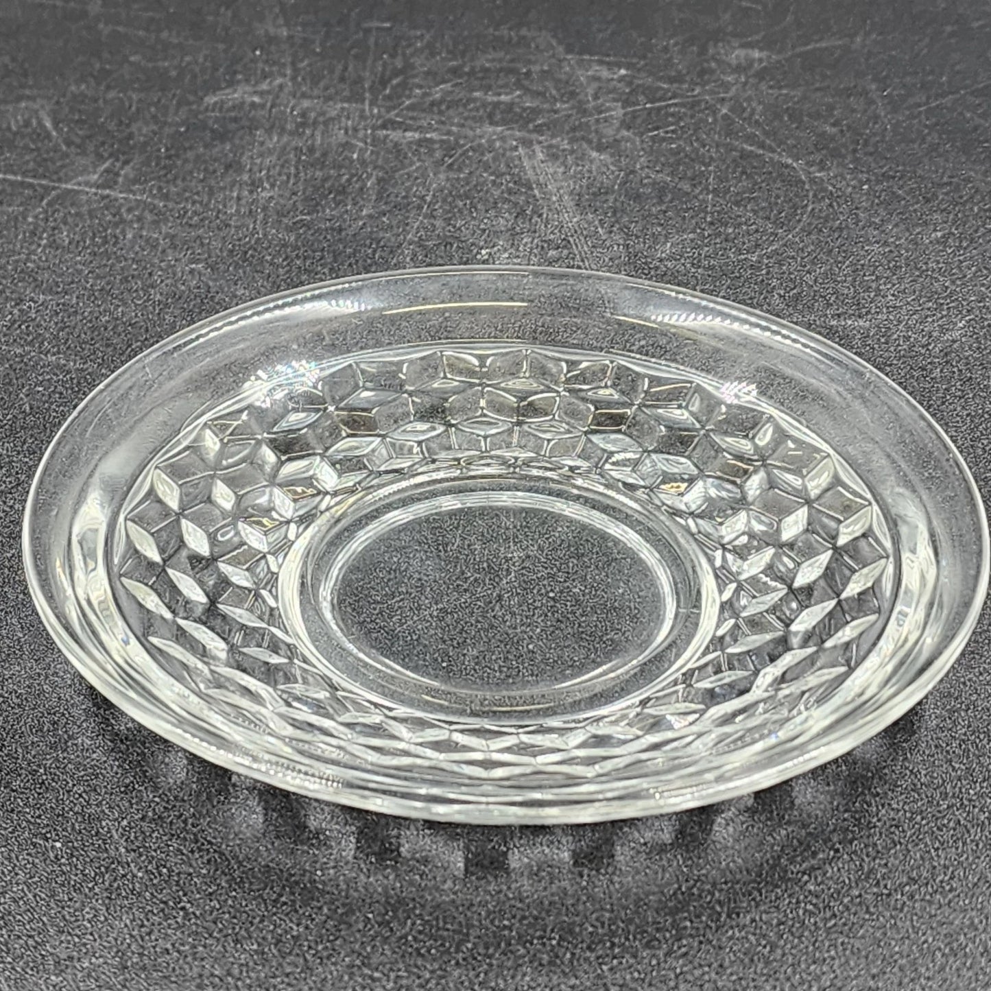 Fostoria American Clear Coffee Cup & Saucer Cubist Design Pressed Glass Vintage