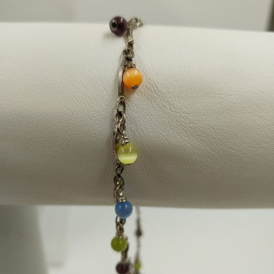 Gold Tone Chain Ankle Bracelet w/ Frosted Multicolor Beads