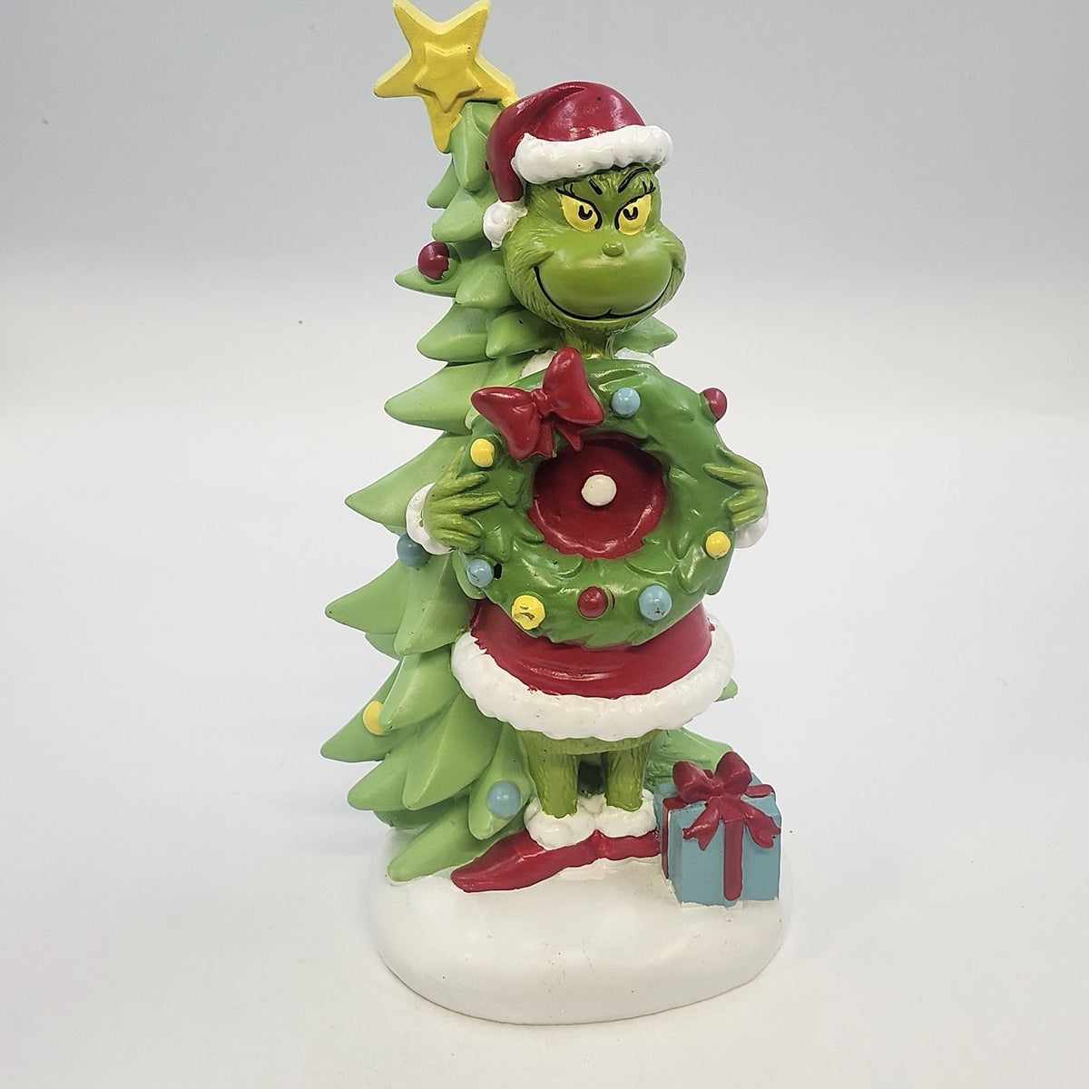 Ruz Dr. Seuss The Grinch Christmas Wreath Tree Figurine 12.5" Santa Hat & Gift