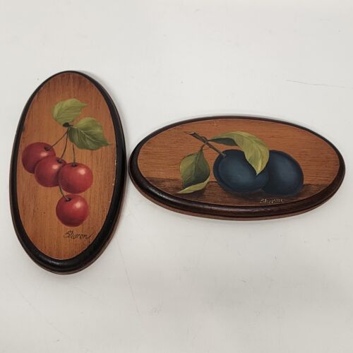 2 Hand Painted Farmhouse Vintage Folk Art Wooden Wall Hanging Plaque Fruit Plums