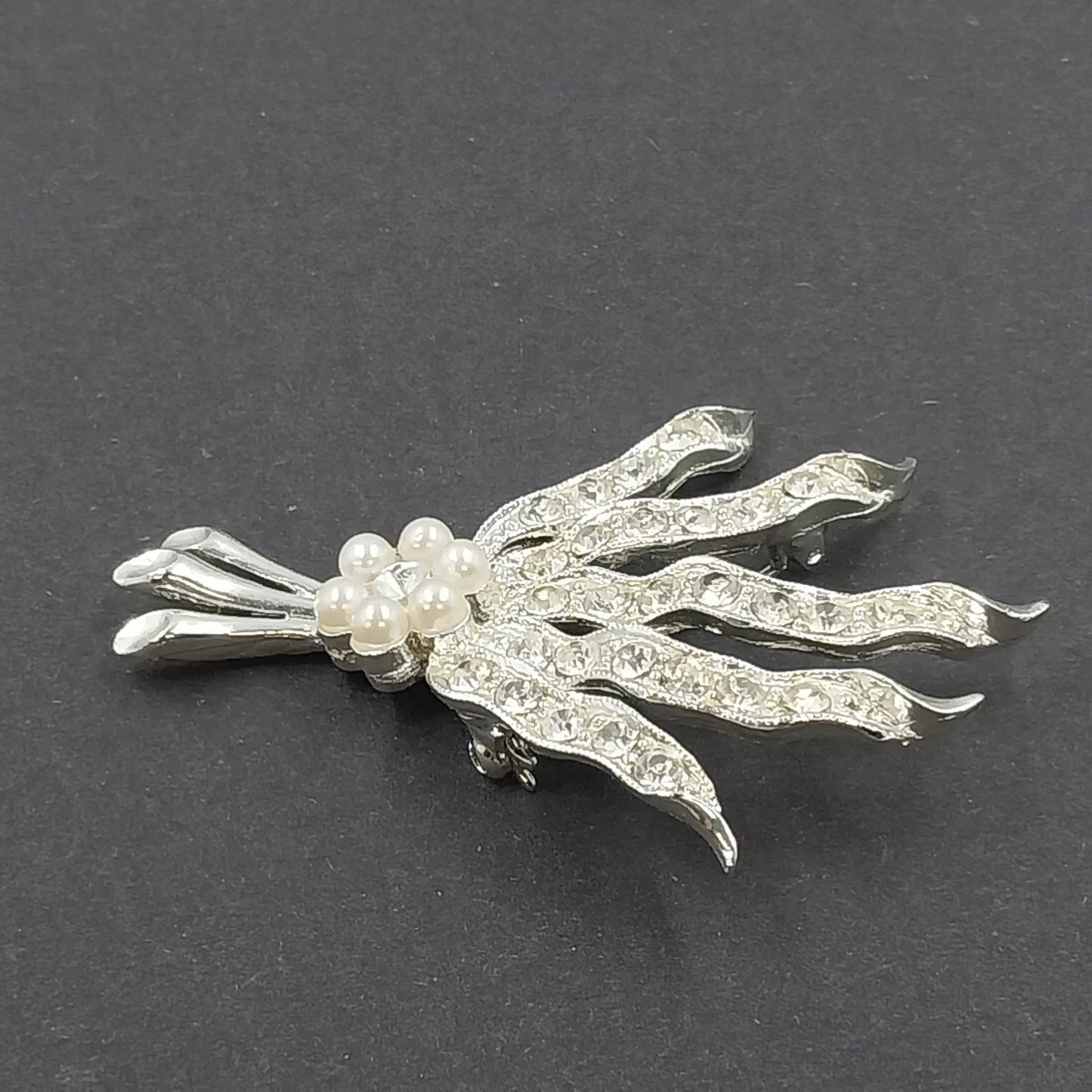 Silver Tone Floral Spray Brooch Rhinestone Faux Pearl Vintage Missing Pearl