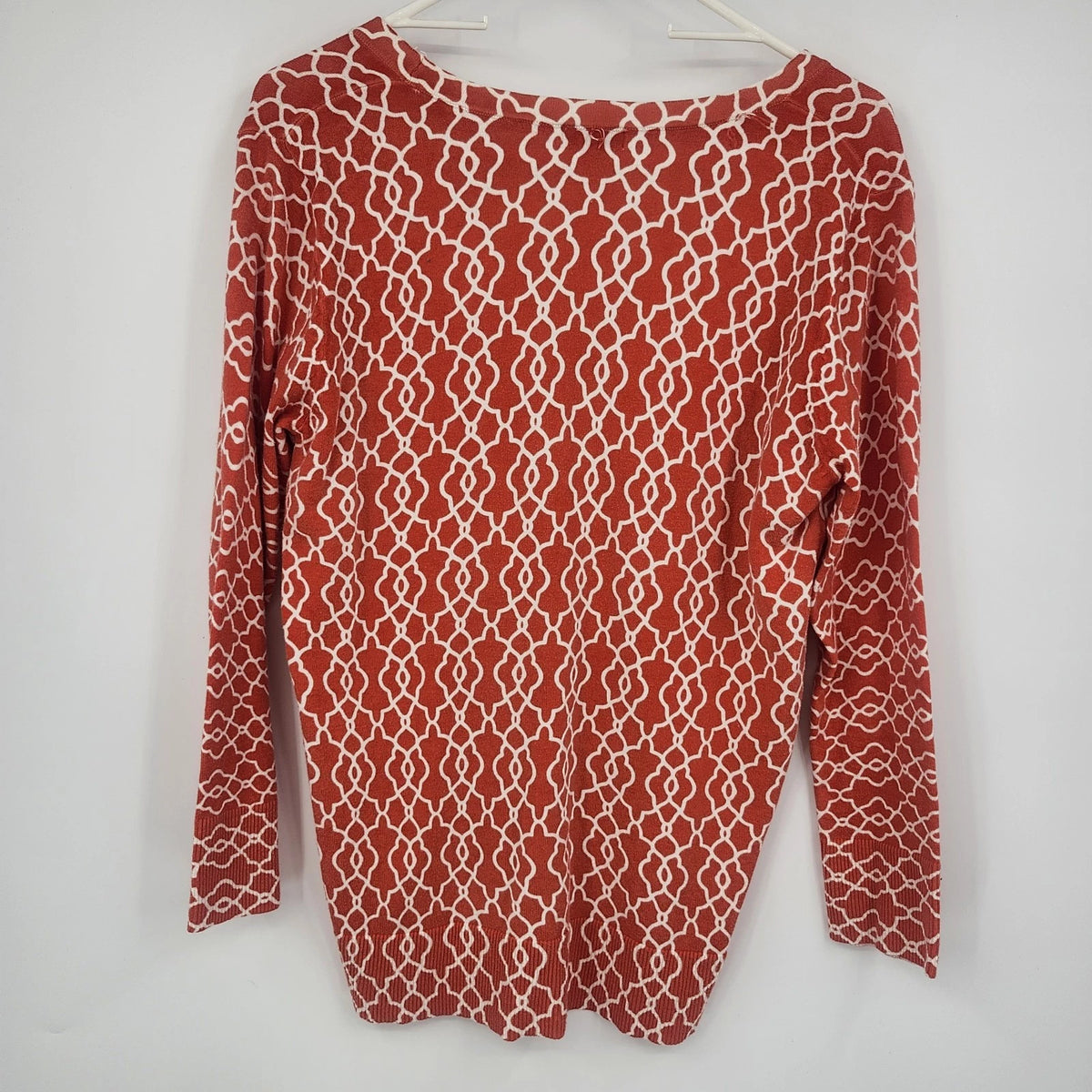 Merona Women's L/G Cardigan Top Orange Geometric Pattern Button Front V Neck