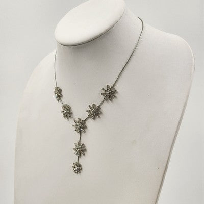 Silver Tone Chain Rhinestone Starburst Flower Pendant 10" Long Necklace Lobster
