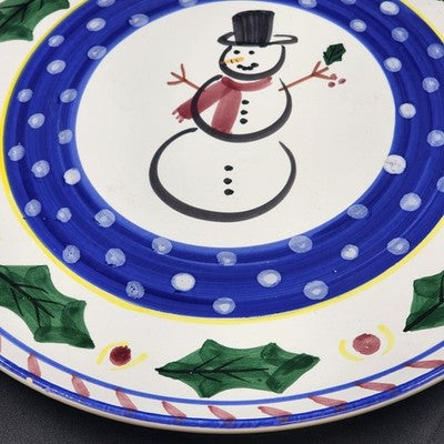 Round Serving Platter Present Tense Italy Hand Painted Snowman Christmas 14"