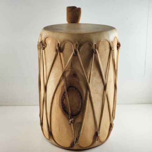 Native American Log Wood Drum & Beater Stretched Raw Hide Skin No Tree Bark Vtg