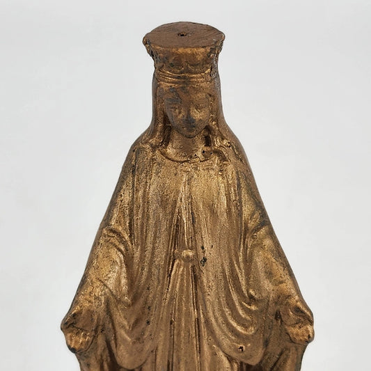 Gold Tone Metal Virgin Mary Statue 4.25" Catholic Religious Figurine Vintage