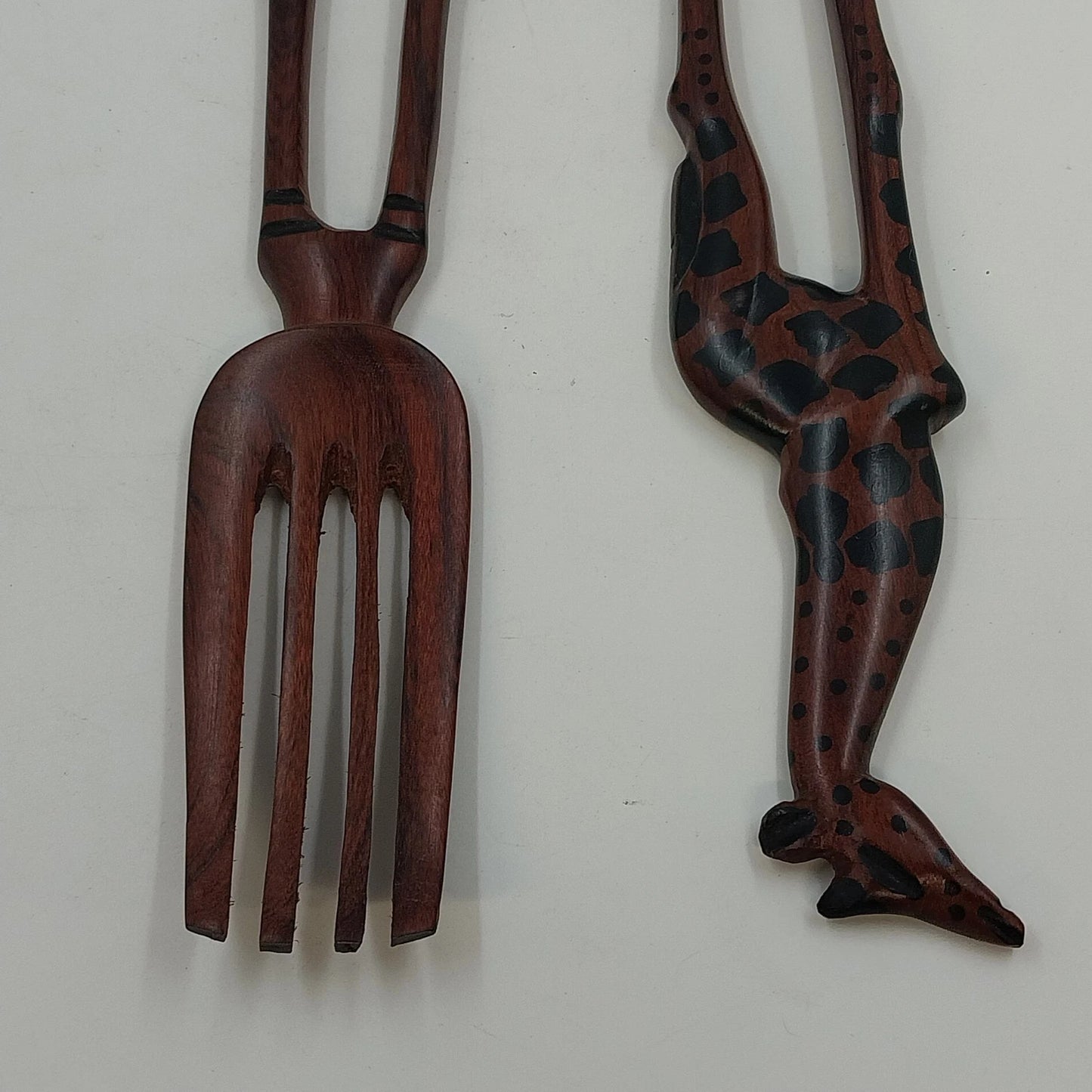 South African Hand Carved Wood Giraffe Salad Serving Fork Spoon Set Brown 13"