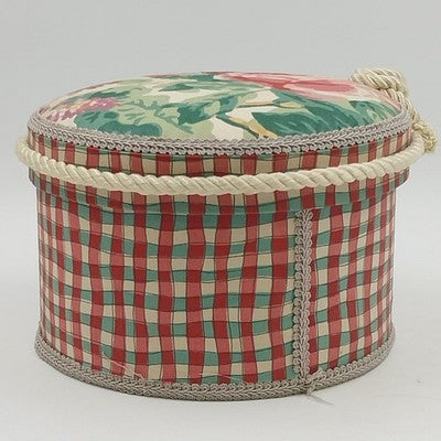 Jan Sevadjian Sewing Hat Box Basket Padded Cord Handle Fabric Covered 10" 1980s