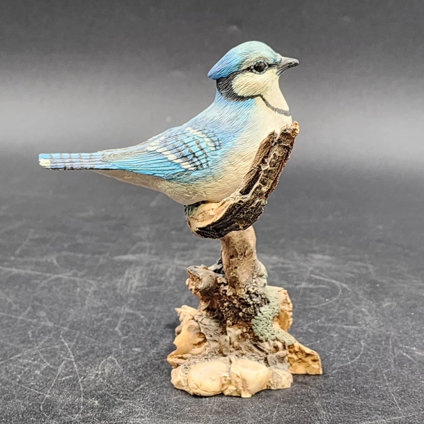 Molded Painted Blue Jay Bird Sculpture Resin 5.5" Perched On Branch Figurine Vtg