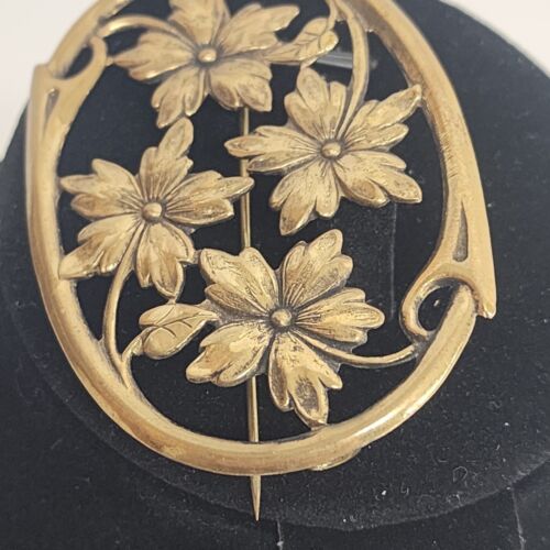 Gold Tone Floral Oval Brooch Flowers Vintage Costume Jewelry Ivy Leaf Danish